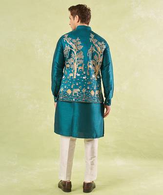 Turquoise embroidered silk nehru jacket with kurta & pajama 3