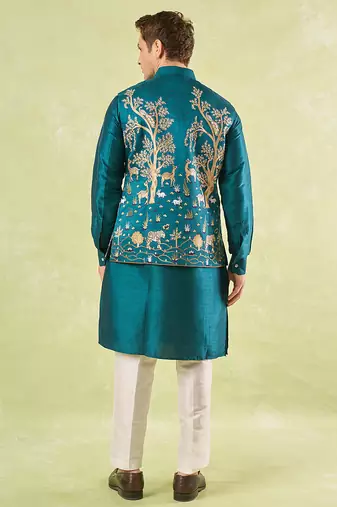 Turquoise embroidered silk nehru jacket with kurta & pajama