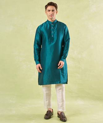 Turquoise embroidered silk nehru jacket with kurta & pajama 4