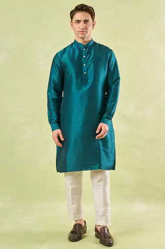 Turquoise embroidered silk nehru jacket with kurta & pajama