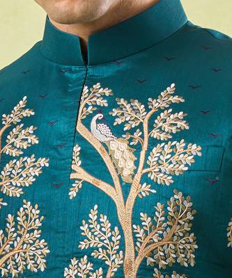 Turquoise embroidered silk nehru jacket with kurta & pajama 5