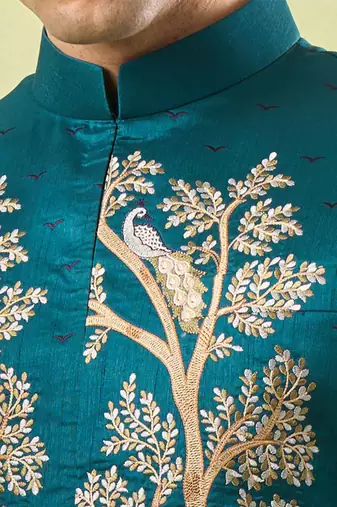 Turquoise embroidered silk nehru jacket with kurta & pajama