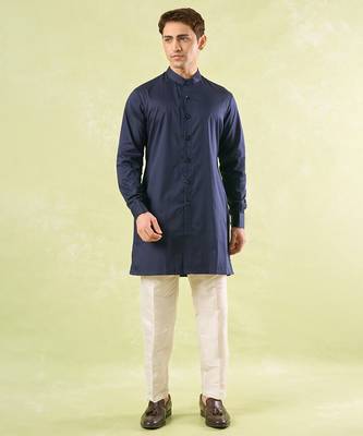 Blue plain silk nehru jacket with kurta & pajama 1