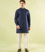 Blue plain silk nehru jacket with kurta & pajama