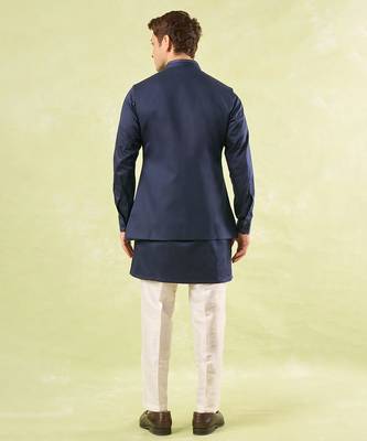 Blue plain silk nehru jacket with kurta & pajama 2