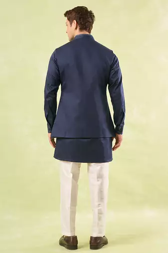 Blue plain silk nehru jacket with kurta & pajama