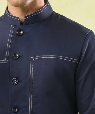 Blue plain silk nehru jacket with kurta & pajama 3