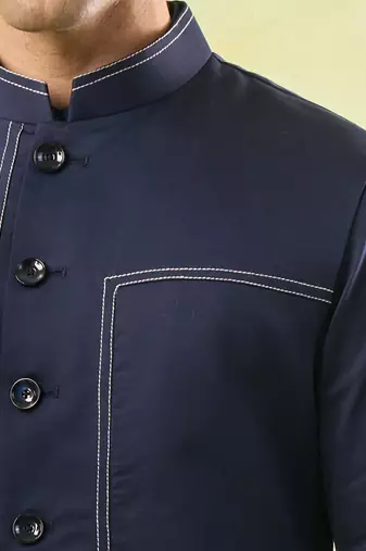 Blue plain silk nehru jacket with kurta & pajama