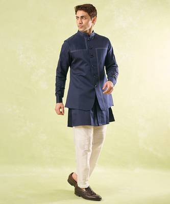 Blue plain silk nehru jacket with kurta & pajama 5