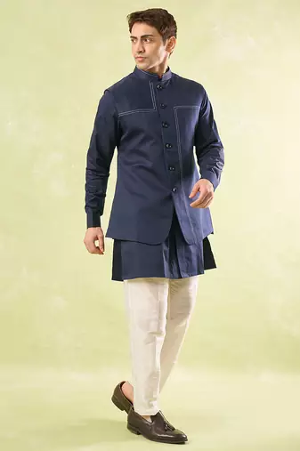 Blue plain silk nehru jacket with kurta & pajama