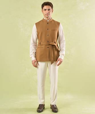 Brown plain silk nehru jacket 1