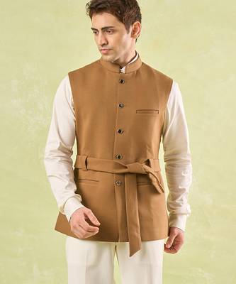 Brown plain silk nehru jacket 2