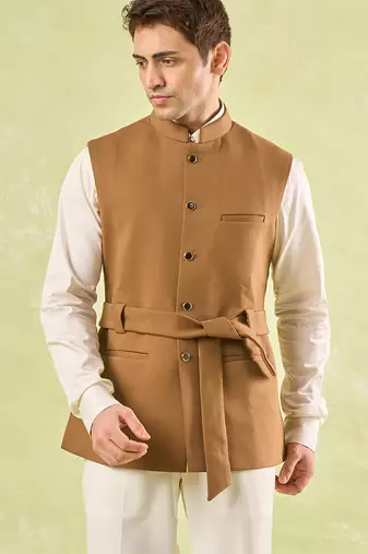 Brown plain silk nehru jacket