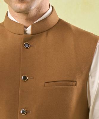 Brown plain silk nehru jacket 3