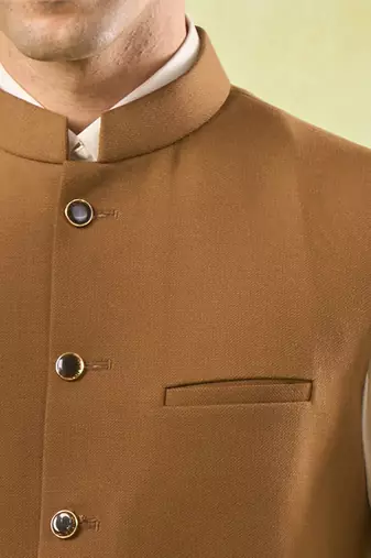 Brown plain silk nehru jacket
