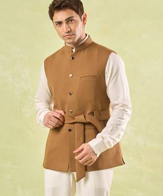 Brown plain silk nehru jacket 4