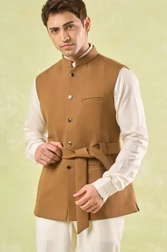 Brown plain silk nehru jacket