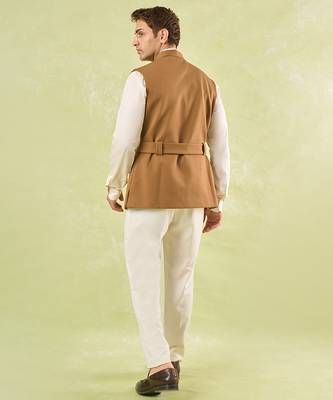Brown plain silk nehru jacket 5