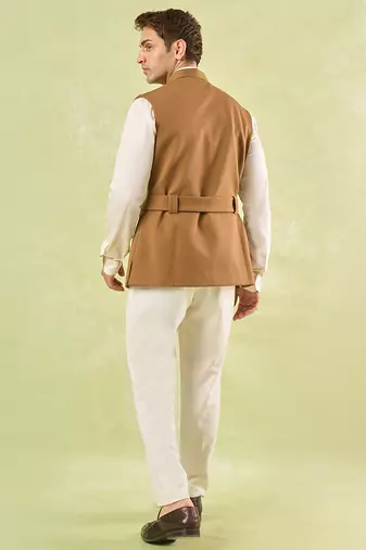 Brown plain silk nehru jacket