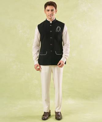 Black plain silk nehru jacket 1