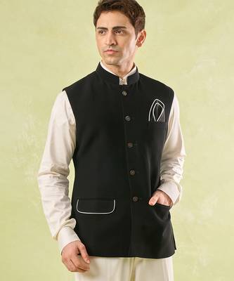 Black plain silk nehru jacket 2