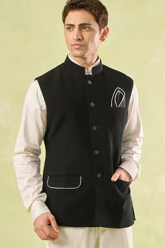 Black plain silk nehru jacket
