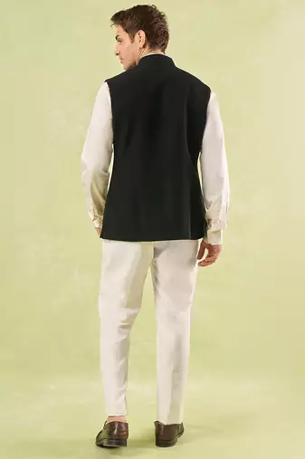 Black plain silk nehru jacket