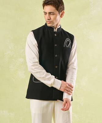 Black plain silk nehru jacket 4