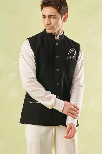 Black plain silk nehru jacket