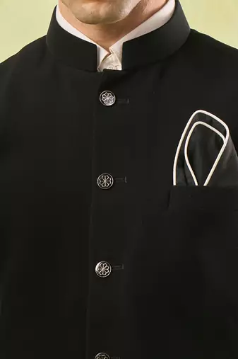 Black plain silk nehru jacket