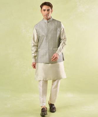 Grey embroidered silk nehru jacket with kurta & pajama 1