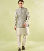 Grey embroidered silk nehru jacket with kurta & pajama