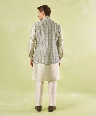 Grey embroidered silk nehru jacket with kurta & pajama 2