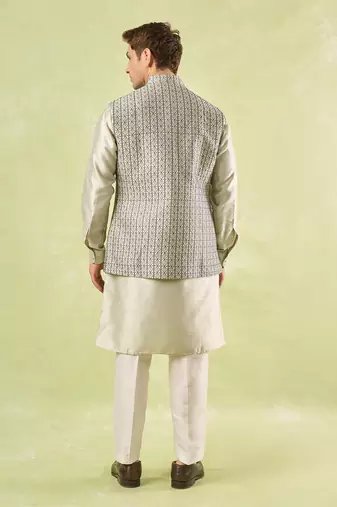 Grey embroidered silk nehru jacket with kurta & pajama