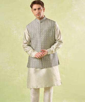 Grey embroidered silk nehru jacket with kurta & pajama 3