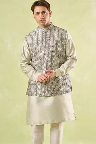 Grey embroidered silk nehru jacket with kurta & pajama