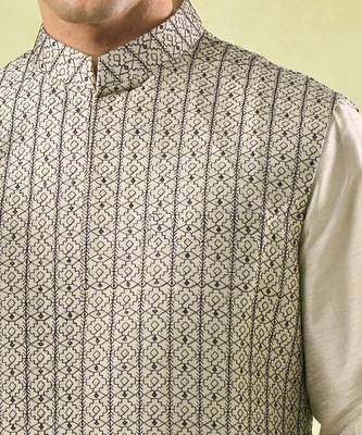 Grey embroidered silk nehru jacket with kurta & pajama 4