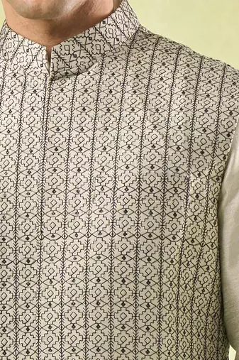 Grey embroidered silk nehru jacket with kurta & pajama