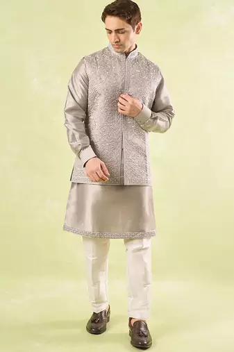 Grey embroidered silk nehru jacket with kurta & pajama