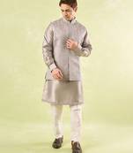 Grey embroidered silk nehru jacket with kurta & pajama