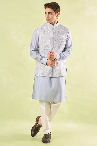 Blue embroidered silk nehru jacket with kurta & pajama