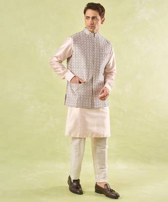 Grey embroidered silk nehru jacket with kurta & pajama 1