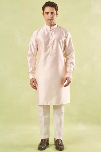 Grey embroidered silk nehru jacket with kurta & pajama