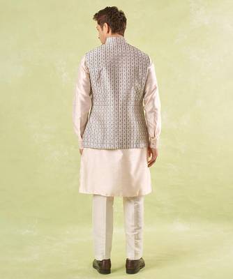 Grey embroidered silk nehru jacket with kurta & pajama 3