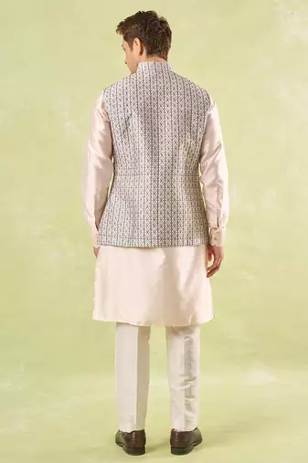Grey embroidered silk nehru jacket with kurta & pajama