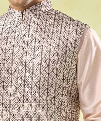 Grey embroidered silk nehru jacket with kurta & pajama 5