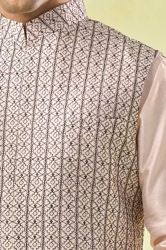 Grey embroidered silk nehru jacket with kurta & pajama