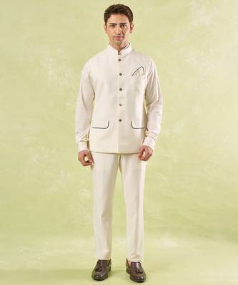 White plain silk nehru jacket 1