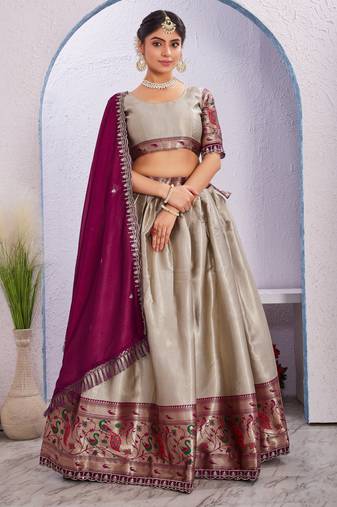 cream Jacquard Silk Lehenga Choli Set With Dupatta