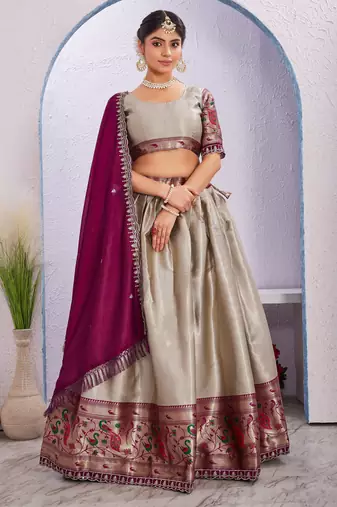 cream Jacquard Silk Lehenga Choli Set With Dupatta